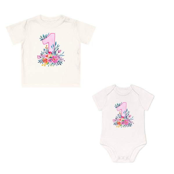 1. Geburtstag Baby Body oder T-Shirt aus Bio-Baumwolle mit Blumen-FaceeCo