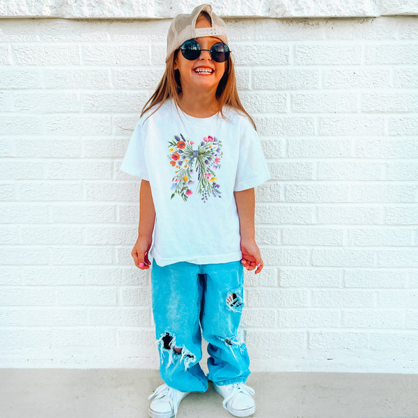 Wildblumen Kinder Shirt mit Schleife – Süßes Coquette Shirt für Mädchen-FaceeCo