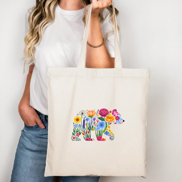 Tragetasche mit Bär aus Blumen – Florale Tote Bag für Naturliebhaber-FaceeCo