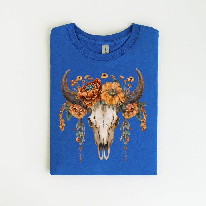 Florale Totenkopf-Kunst T-Shirt | Boho-Kuhschädel-Shirt-FaceeCo