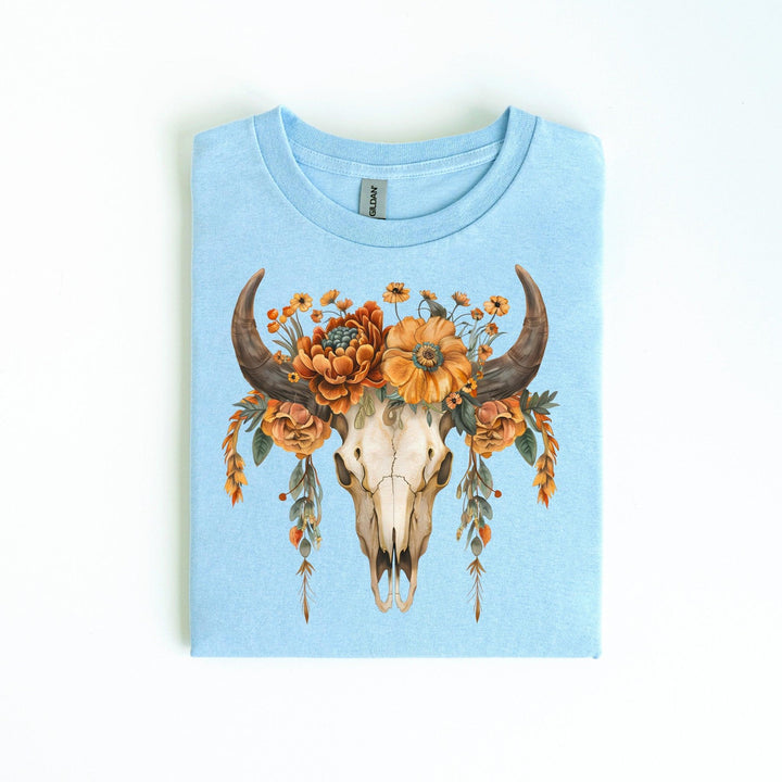 Florale Totenkopf-Kunst T-Shirt | Boho-Kuhschädel-Shirt-FaceeCo