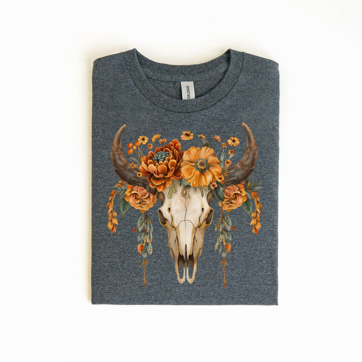 Florale Totenkopf-Kunst T-Shirt | Boho-Kuhschädel-Shirt-FaceeCo