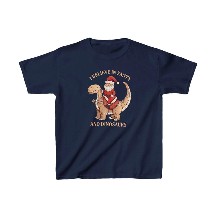 Kinder Süßes Weihnachts-Shirt | Santa und Dinosaurier T-Shirt "I Believe In Santa & Dinosaurs"-FaceeCo
