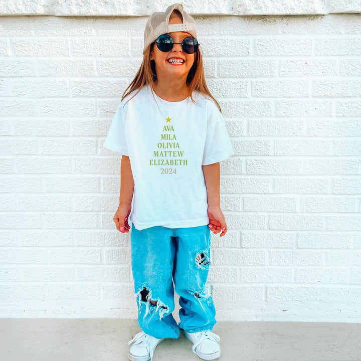 Personalisierbares Weihnachtsbaum T-Shirt für Kinder mit Familiennamen-FaceeCo