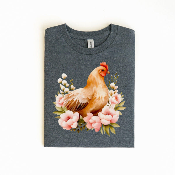 T-Shirt mit Blumen und Huhn | Süßes Landhaus-Design-FaceeCo