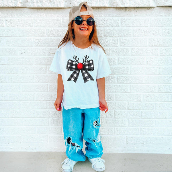 Weihnachts-Rentier Kinder-Shirt mit Schleife | Süßes Festliches T-Shirt für Kinder-FaceeCo